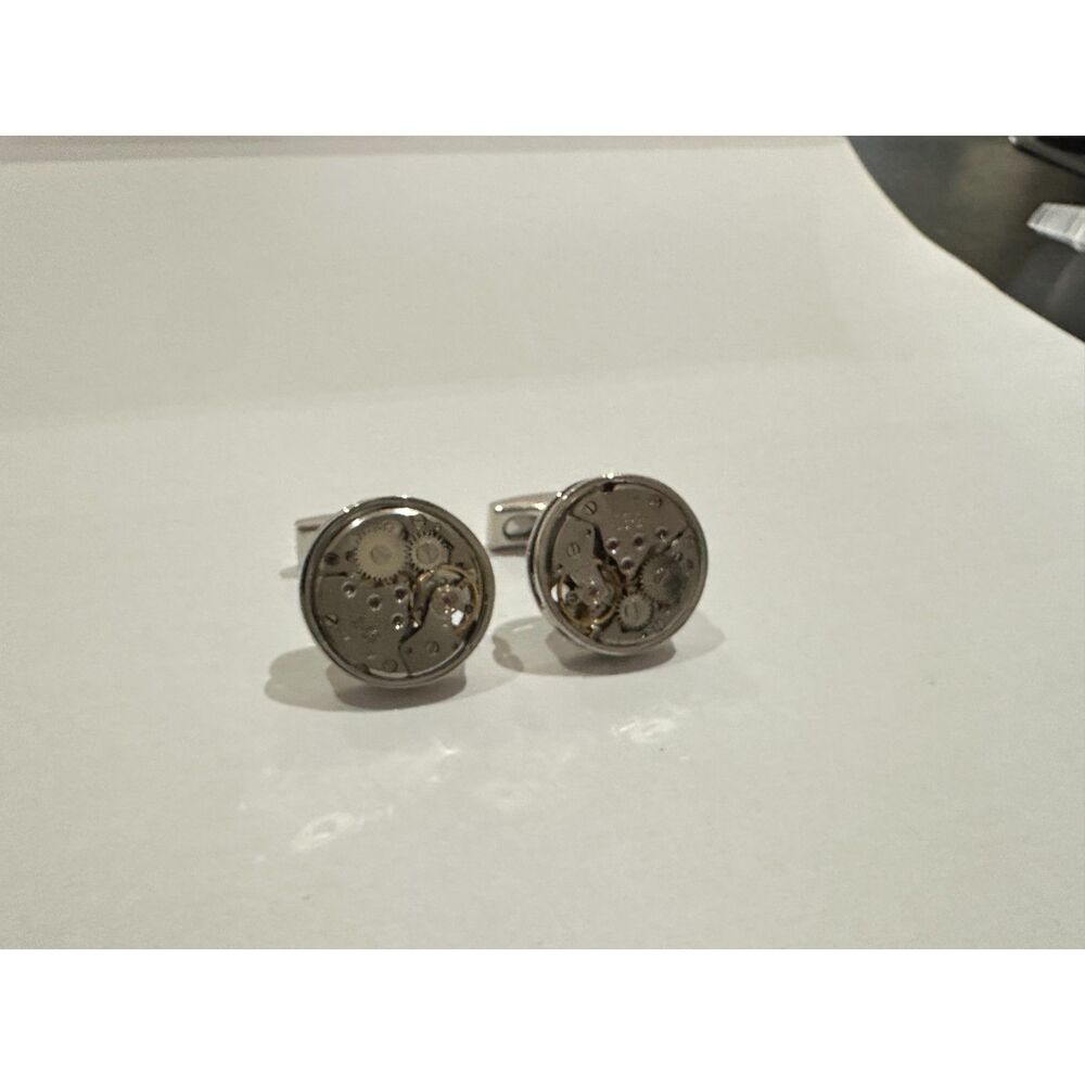Steampunk Real Watch Movement Cufflinks - Round Silver Bezel